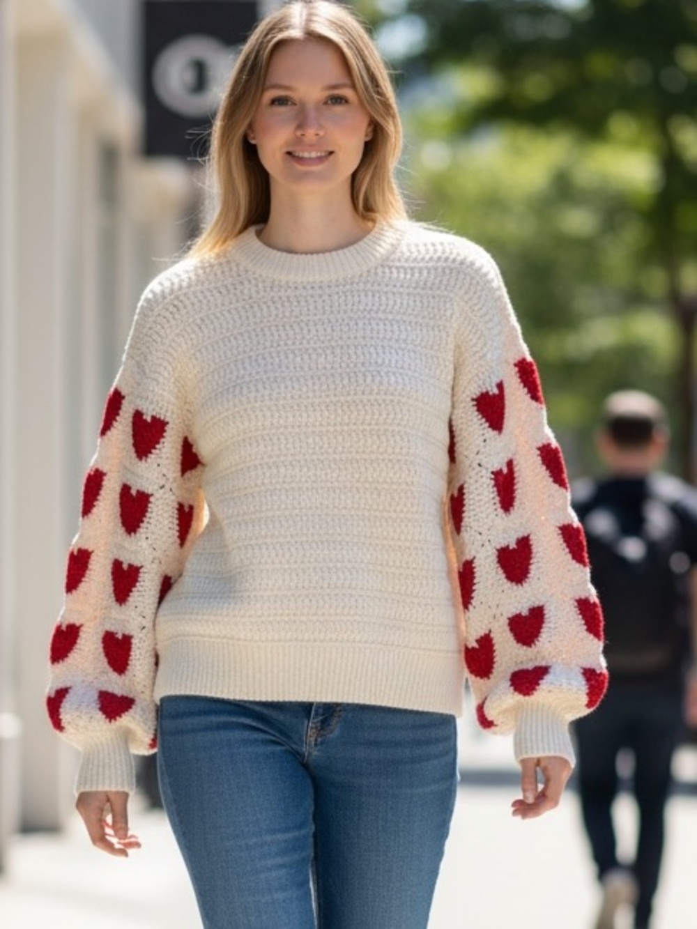 BiBi Cream Sweater with Red Heart Balloon Sleeves NWT